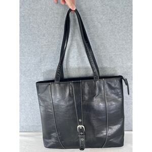 Buxton Faux Black Leather Laptop Bag Shoulder Straps Buckle Detail 16" Y2K Style